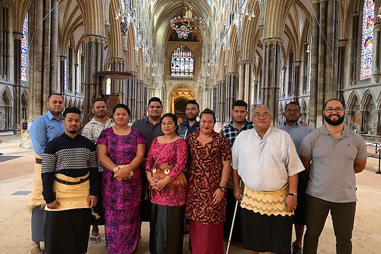 Diocese of Polynesia and Pihopatanga delegates meet at Lincoln Cathedral before the 'Moana: Water of Life' climate change conference this week.
