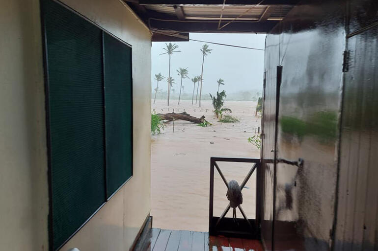 Like many in Vanua Levu, Bishop Henry Bull's side porch looks more like a jetty, pictured the day after Cyclone Ana landed in Fiji. 