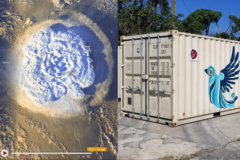 L-R: Hunga Tonga -Hunga Ha'apai volcano erupts ash cloud (Tonga Met Service), emergency supplies at St Paul's Nuku'alofa.