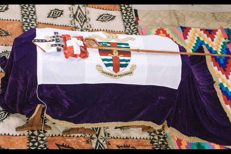 Archbishop Fereimi Cama's casket lies in his Cathedral, adorned with the arms of his Diocese of Polynesia. Archbishop Fereimi Cama's casket lies in his Cathedral, adorned with the arms of his Diocese of Polynesia.