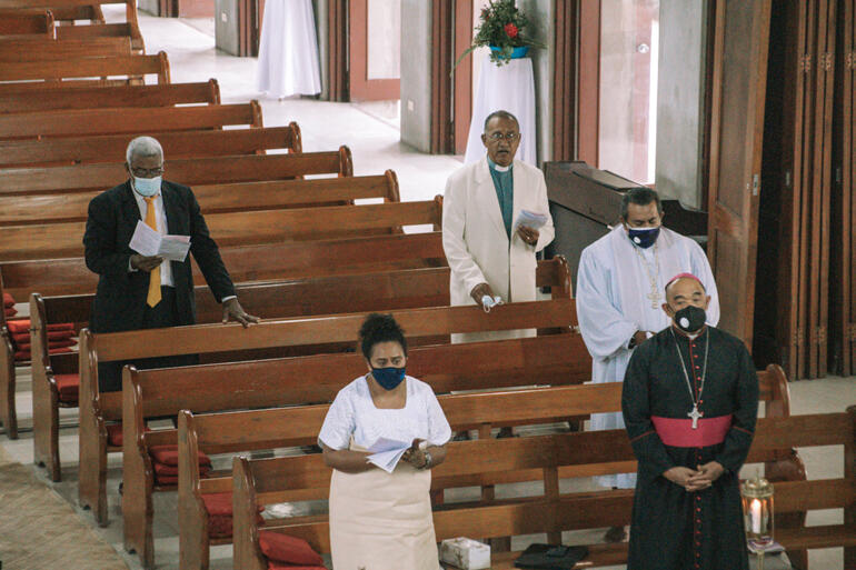 Fiji's Covid-19 restrictions limited in-person mourners to ten in Holy Trinity Cathedral Suva last Friday. Fiji's Covid-19 restrictions limited in-person mourners to ten in Holy Trinity Cathedral Suva last Friday.