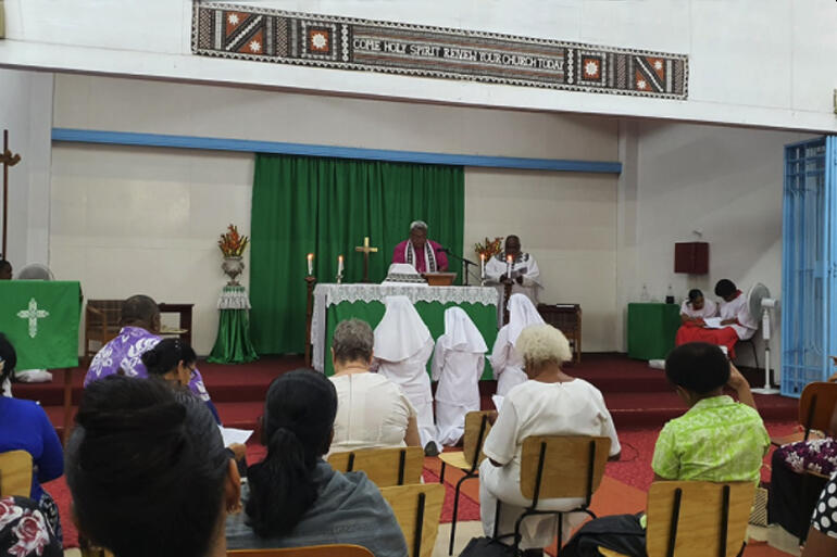 Bishop of Polynesia, Archbishop Fereimi Cama leads a service to formally receive Miliva Toariki as a Moana Community of St Clare postulant in 2020. Bishop of Polynesia, Archbishop Fereimi Cama leads a service to formally receive Miliva Toariki as a Moana Community of St Clare postulant in 2020.