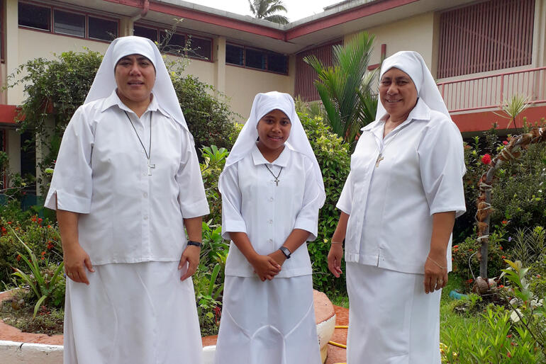 Sr Kalolaine, Moana Community of St Clare postulant Miliva Toariki and Sr Longo outside one of the buildings at St Christopher's Home.