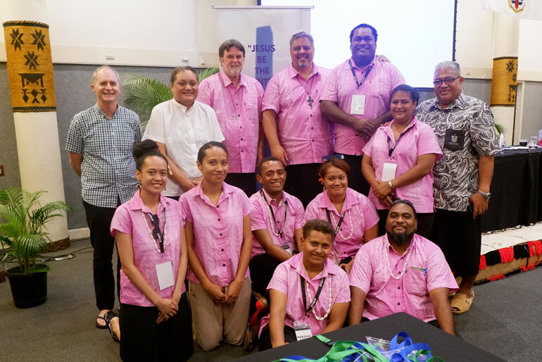 Archbishop-elect Sione Ulu'ilakepa stands with the Archbishops, General Secretary and staff of the Diocese of Polynesia electoral college. 