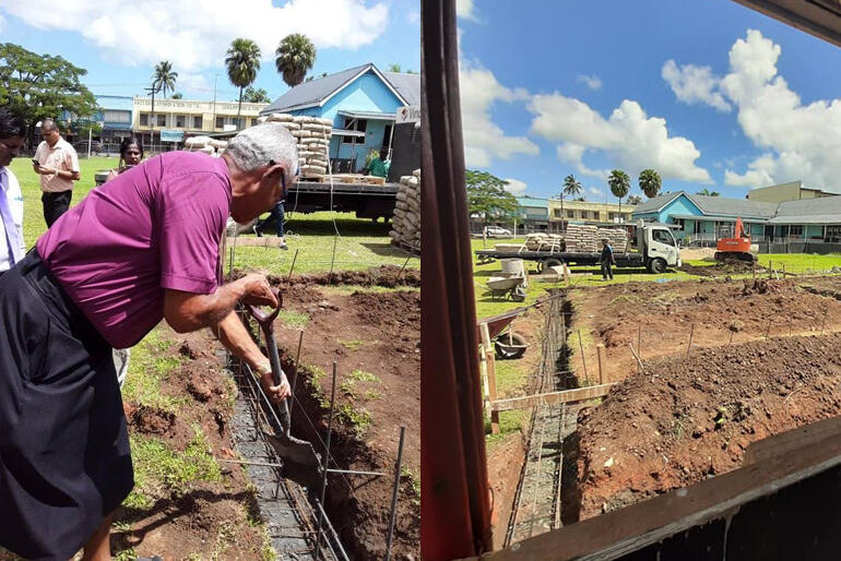 Bishop Henry Bull breaks ground as he blesses the building site in December 2019. / Looking across the foundation diggings at St Mary's Labasa.