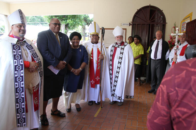 Three Archbishops of Aotearoa, New Zealand and Polynesia line up with the President and first lady of Fiji.