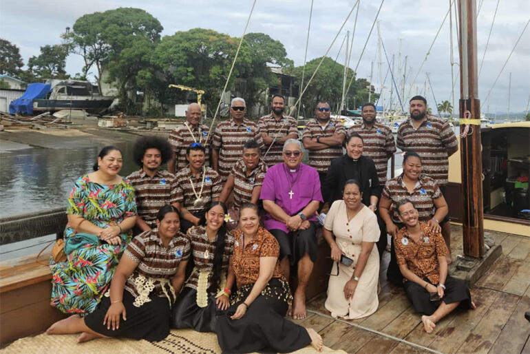 Archbishop Sione Ulu'ilakepa joins the Uto Ni Yalo crew after blessing their voyage to Honiara. Archbishop Sione Ulu'ilakepa joins the Uto Ni Yalo crew after blessing their voyage to Honiara.
