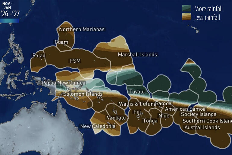 NIWA map shows El Niño dry and wet zones for Fiji, Tonga, Samoa and outlines the impact of El Niño across Polynesia Nov'26-Jan'27.