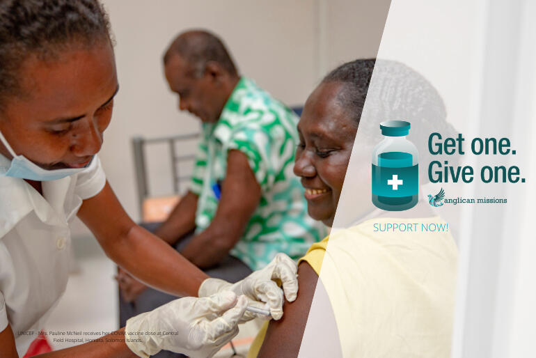 'Get One. Give One' funds Covax vaccine doses like the one Mrs Pauline McNeil receives here in Honiara, Solomon Islands. Photo: Unicef.