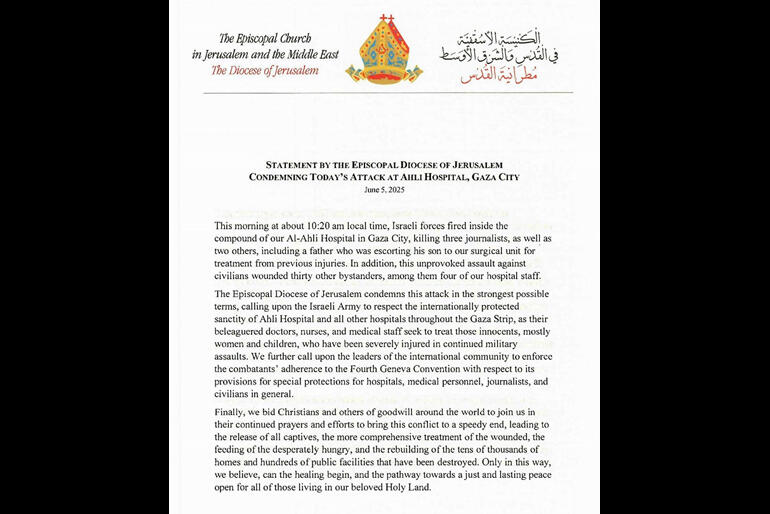 The Episcopal Diocese of Jerusalem has condemned an IDF attack that killed five people at Al Ahli Hospital yesterday. The Episcopal Diocese of Jerusalem has condemned an IDF attack that killed five people at Al Ahli Hospital yesterday.