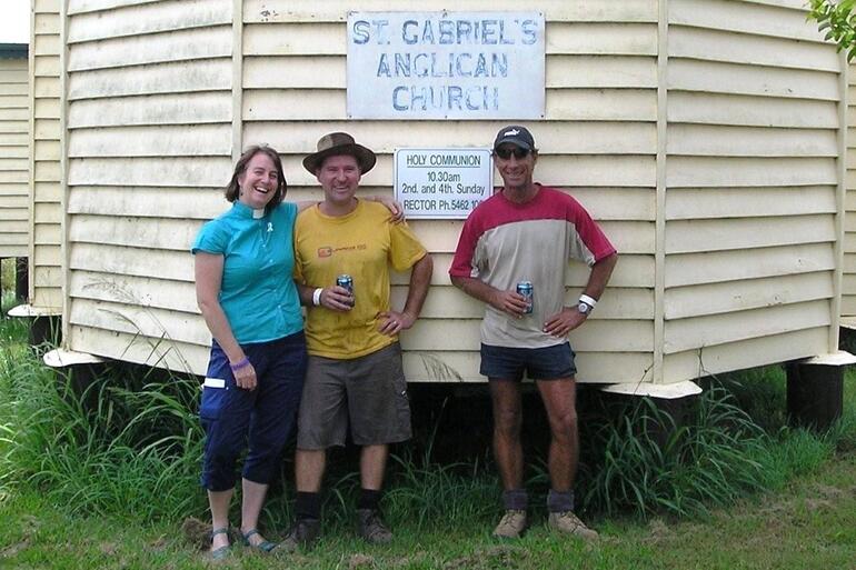 Jean Malcolm at St Gabriel's Grantham - with Darren and Jack, two Gold Coasters who'd also come looking to help where they could.