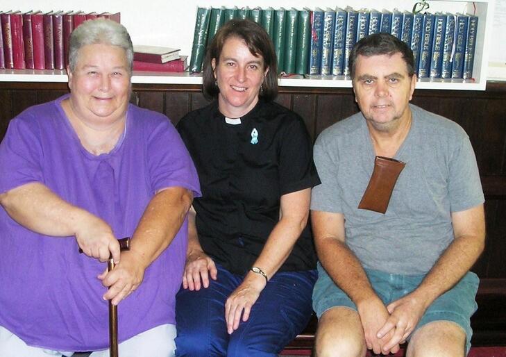 June, Jean and John after a service at St Gabriel's Grantham - which is in Queensland's flood-stricken Lockyer Valley.