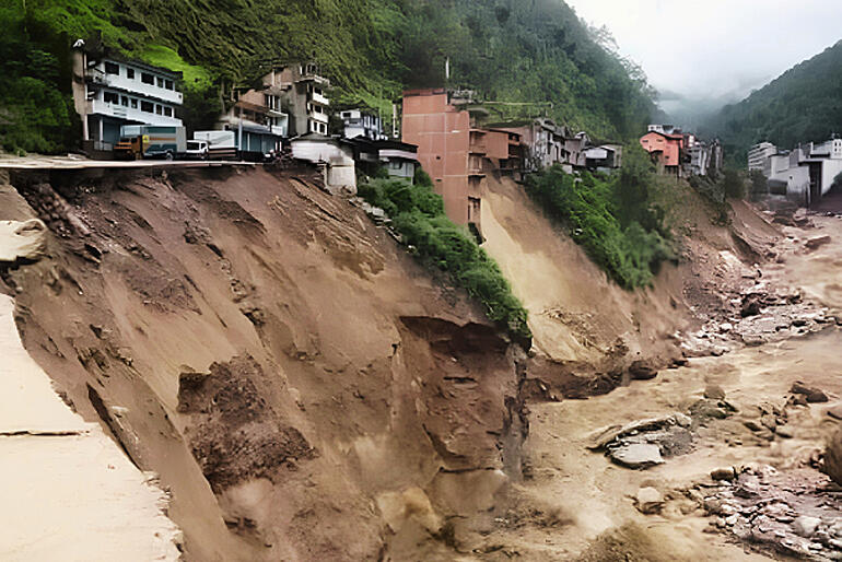 A town is undercut by the flash floods in northern Nepal on 26 August 2026. Anglican Missions has opened an appeal.